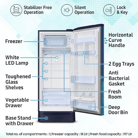 Samsung 215 L, 5 స్టార్, డిజిటల్ ఇన్వర్టర్, డైరెక్ట్-కూల్ సింగిల్ డోర్ రిఫ్రిజిరేటర్ (RR23D2H359U/HL, ప్యారడైజ్ బ్లూమ్ బ్లూ, బేస్ స్టాండ్ డ్రాయర్) యొక్క చిత్రం