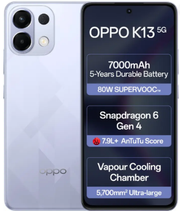7000mAh మరియు 80W SUPERVOOC ఛార్జర్ ఇన్-ది-బాక్స్ (ఐసీ పర్పుల్, 128 GB) (8 GB RAM) తో OPPO K13 5G యొక్క చిత్రం