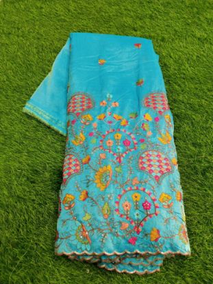 Chinon Border works-- Ocean Blue cloth (Per meter) used for long frocks and lehanga sets for Girls యొక్క చిత్రం