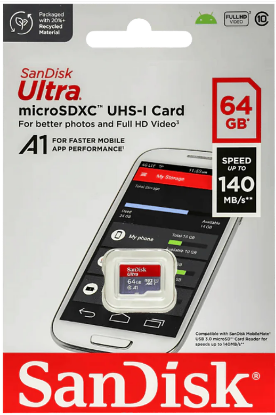 స్మార్ట్‌ఫోన్‌ల కోసం SanDisk Ultra 64GB microSDXC UHS-I, 140MB/s R, మెమరీ కార్డ్, 10 Y వారంటీ యొక్క చిత్రం