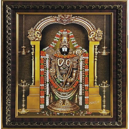 దివ్య తిరుమల తిరుపతి బాలాజీ స్వామి ఫోటో ఫ్రేమ్ – శ్రీ వెంకటేశ్వర శ్రీనివాస గోవింద బంగారు అలంకరణ, పవిత్ర ఆభరణాలు & ఇల్లు, కార్యాలయం & ఆలయ అలంకరణ కోసం దండలు యొక్క చిత్రం