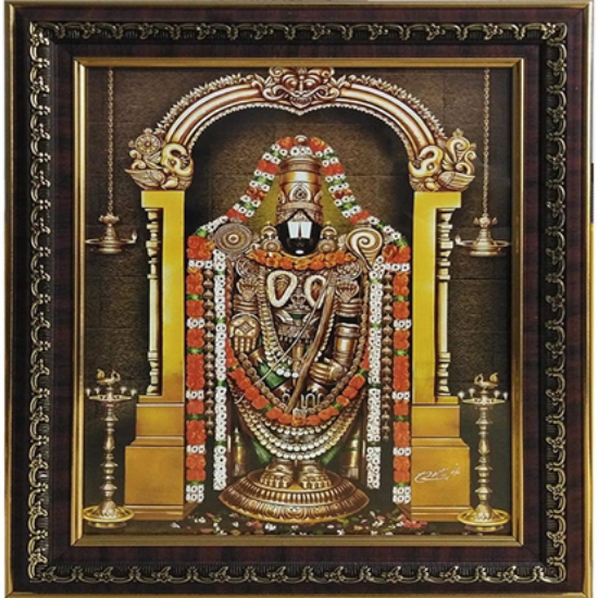 దివ్య తిరుమల తిరుపతి బాలాజీ స్వామి ఫోటో ఫ్రేమ్ – శ్రీ వెంకటేశ్వర శ్రీనివాస గోవింద బంగారు అలంకరణ, పవిత్ర ఆభరణాలు & ఇల్లు, కార్యాలయం & ఆలయ అలంకరణ కోసం దండలు యొక్క చిత్రం