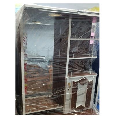 2 అడుగుల చెక్క డ్రెస్సింగ్ టేబుల్, పూర్తి పొడవు అద్దం, బహుళ అంచెలలో ఉన్న అల్మారాలు, మరియు ఆకర్షణీయమైన పూల బోర్డర్‌తో కూడిన రెండు రంగుల బ్రౌన్ మరియు ఆఫ్-వైట్ ఫినిషింగ్. యొక్క చిత్రం