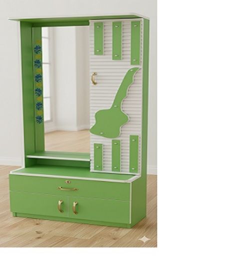 డ్రెస్సింగ్ టేబుల్, 2 ft నిడివి గల అద్దంతో కూడిన డ్రస్సర్, బహుశా చెక్కతో లేదా ఇంజనీర్డ్ కలపతో (MDF లేదా పార్టికల్‌బోర్డ్ వంటివి) తయారు చేయబడింది. యొక్క చిత్రం